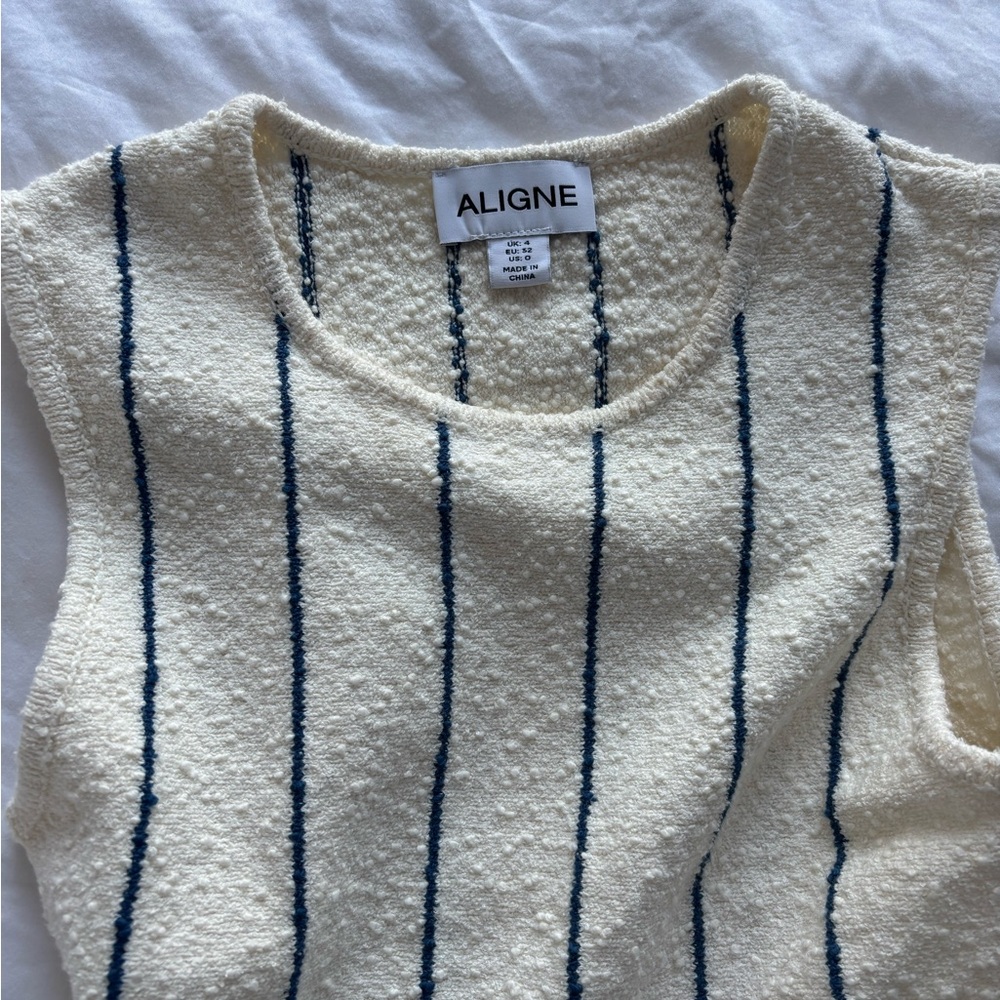 Aligne Cream and Blue Striped Sleeveless dress with fringe